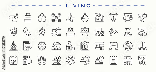 Living related icon set. Set of line pictogram. Editable stroke collections. Furniture icon set. Contain linear symbols house, home, room, bed and more.