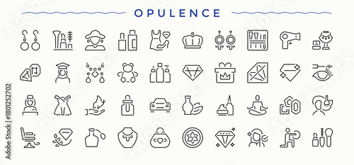 Opulence line icon set. Modern vector UI icons. Pixel perfect. Editable stroke. Elegance icon. Contain linear sign jewelry, fashion, gems, expensive, gem, precious, gold and more.