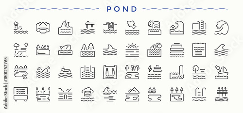Pond icon collection. Contains such icons as spray, irrigate, farming, pump, plant and more. Agriculture icon set. Line symbol and sign. Art and illustration.