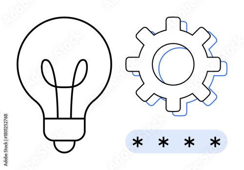 Light bulb and gear symbolize ideas and optimization, combined with password input hinting at digital security. Ideal for innovation, process, workflow, creativity, technology, cybersecurity