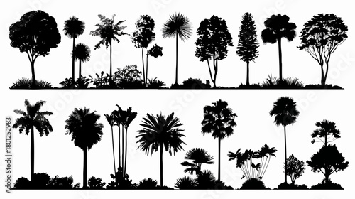 Ilustración vectorial de una variedad de árboles y arbustos, ideal para diseño paisajístico y elementos naturales en proyectos creativos.