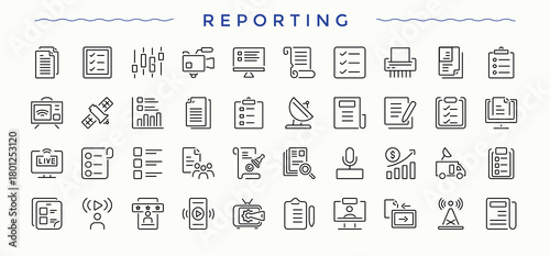 Reporting icon collection. Contain linear sign data, list, paper, document and files, text, page and more. Page icon set in linear style. Line symbol and sign. Editable vector. Pixel perfect.