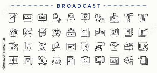Set of Broadcasting line icon. Containing on line, video, media, stream, play. Trendy minimal icons. Live icon. Editable vector.