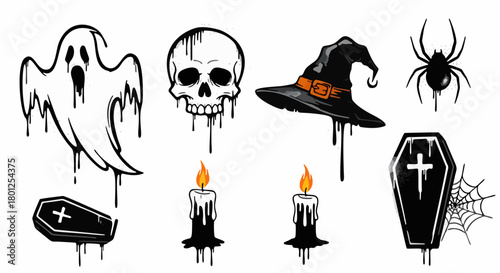Halloween themed drawings: ghost, skull, hat, spider, coffins, candles.