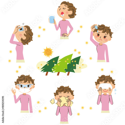 大量の花粉で目薬やうがいやゴーグルで予防対策をしている