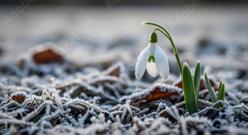 A delicate snowdrop flower emerging through frost-covered ground in early spring, symbolizing renewal and the transition from winter to warmer seasons