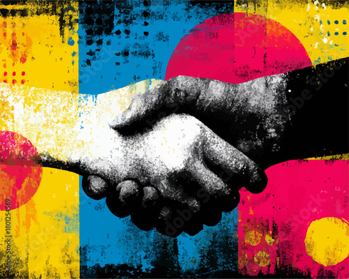 Ilustración vectorial abstracta que representa un apretón de manos diverso, simbolizando la colaboración y el acuerdo en un fondo colorido y moderno.