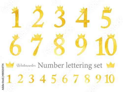 Watercolor crowned number illustration set