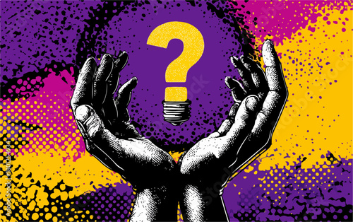 Ilustración vectorial abstracta que representa una bombilla con signo de interrogación, simbolizando ideas y soluciones innovadoras.