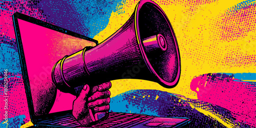 Ilustración vectorial que representa el marketing digital y la comunicación en línea a través de un megáfono y un portátil.