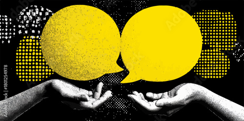 Ilustración vectorial que representa el intercambio de ideas y la comunicación entre personas con burbujas de diálogo amarillas.