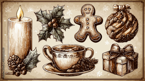 Ilustración vectorial de elementos navideños tradicionales, que evoca un ambiente festivo y acogedor, ideal para diseños de temporada y celebraciones.