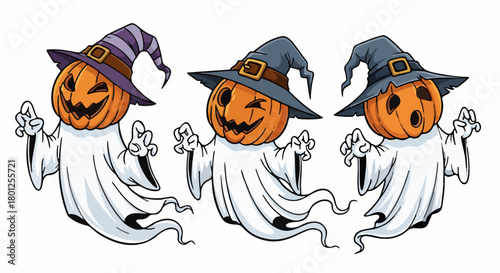 Three Halloween pumpkin ghosts wearing hats.