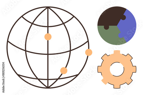 A spherical network grid, puzzle-style globe, and gear mechanic represent worldwide integration, technology, innovation. Ideal for globalization, teamwork, problem-solving, collaboration system