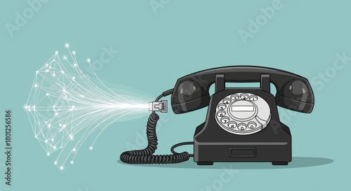 An old rotary telephone receiver emitting a bright, glowing stream of data fibers, symbolizing the evolution of communication technology.