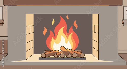 A cozy cartoon illustration of a fireplace with burning logs and warm flames, providing a comforting ambiance.