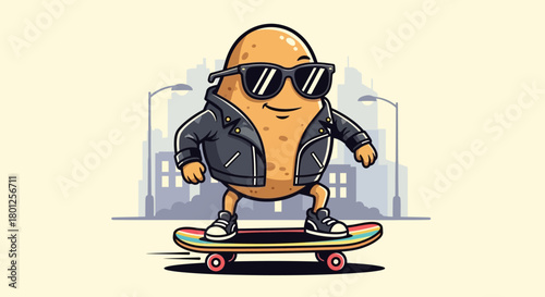 A cool cartoon potato character wearing sunglasses and a leather jacket, skateboarding in a city setting.