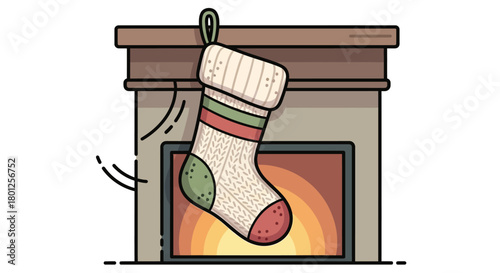 A festive knitted Christmas stocking hanging on a cozy fireplace mantel with a warm glow.