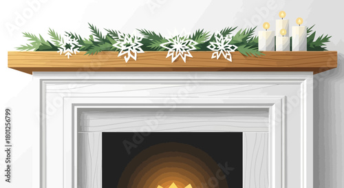 A beautifully decorated fireplace mantel with green garland, white snowflakes, and lit candles, creating a cozy winter atmosphere.