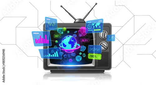 Retro television displaying a holographic global network with data visualizations and digital information.