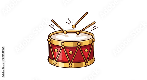 A vibrant red and gold cartoon drum with two drumsticks hitting the top, creating a musical sound.