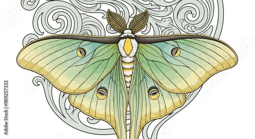 Detailed illustration of a vibrant green and yellow Luna moth with intricate swirling patterns in the background.
