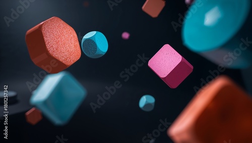 Colorful Geometric Shapes Floating in Dark Background with Depth