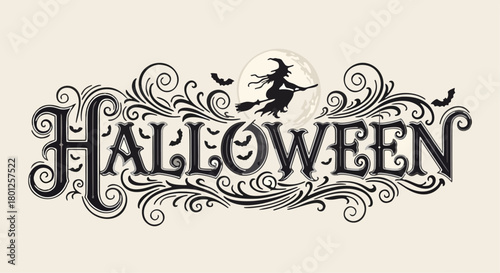 Halloween text design with witch silhouette flying in front of the moon.