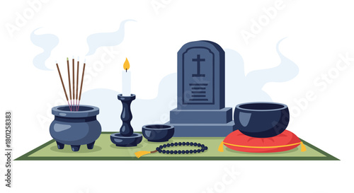 A solemn memorial ceremony unfolds with incense sticks burning gently and a candle casting a soft glow before a tombstone.