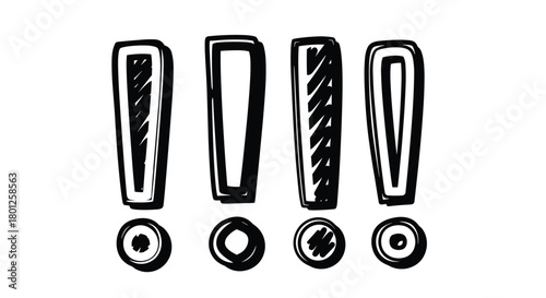 A set of four hand drawn exclamation points with dots below them.