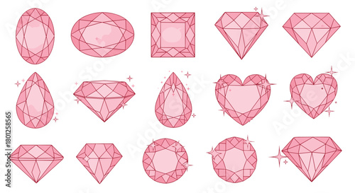 A collection of sparkling pink gemstone cuts displayed on a white background.