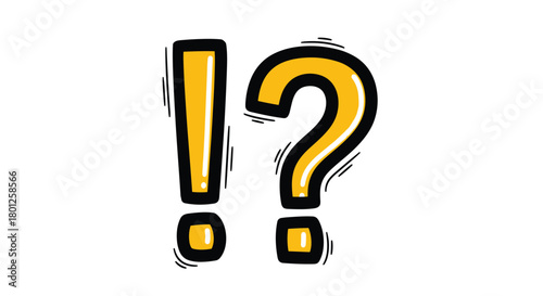 Exciting question marks and exclamation points representing curiosity and surprise in a fun hand drawn style.