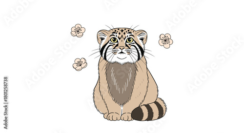 A cute fuzzy wild cat with round ears sits among floating decorative elements.