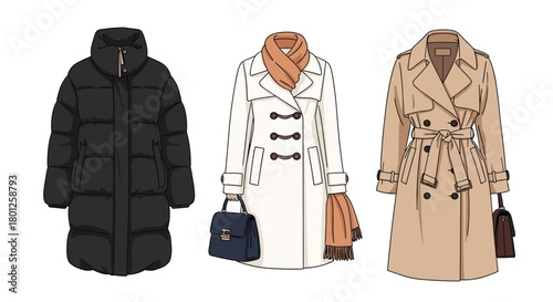 A selection of stylish outerwear options including a puffer coat and two trench coats.