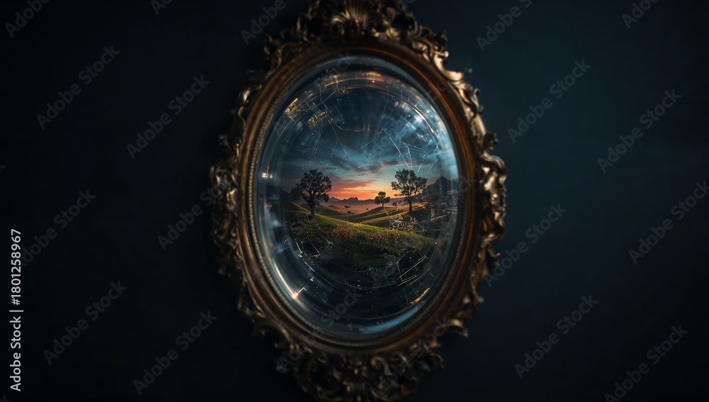 Obraz premium Enchanted Landscape Reflection in Ornate Framed Mirror