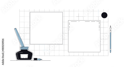 An artistic representation of writing and drawing tools with a focus on creation and imagination.