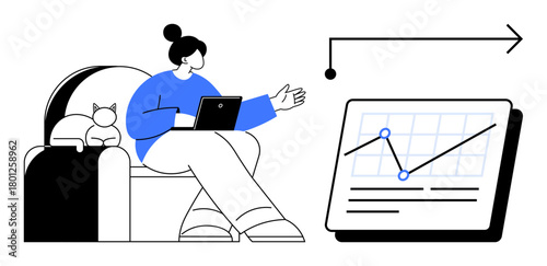 Woman on couch using laptop, pointing at upward trending graph with cat beside her. Ideal for remote work, data analysis, productivity, business growth, workspace comfort, online meetings, simple