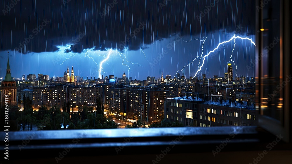 Obraz premium Dramatic Thunderstorm Over City Skyline at Night with Flashing Lightning and Heavy Rainfall Through Open Window