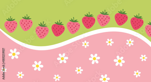 A sweet illustration with strawberries and daisies on a pink and green background.