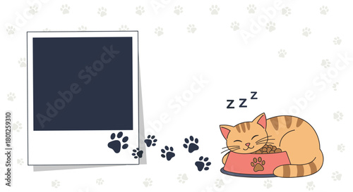 A sweet tabby cat naps peacefully on its bed with paw prints scattered around.