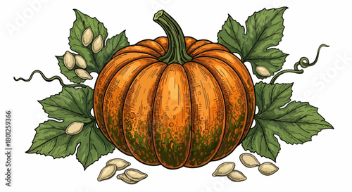 Illustration of a pumpkin surrounded by leaves and seeds.