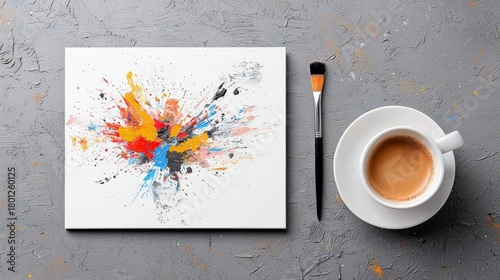 An abstract painting with vibrant colors splattered on a white canvas, next to a paintbrush and a cup of coffee.