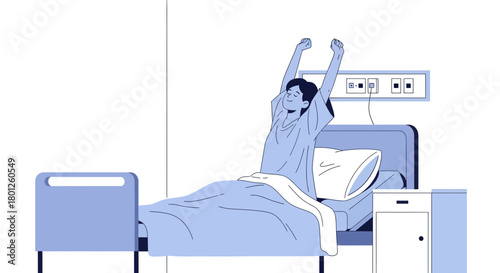 Patient Awakening From Slumber Stretching Arms After Hospital Confinement Recovery