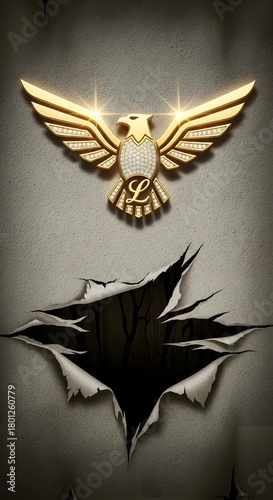 A luxurious gold emblem of an eagle with outstretched wings and a letter 'L' on its chest, positioned above a torn paper revealing a dark void behind it