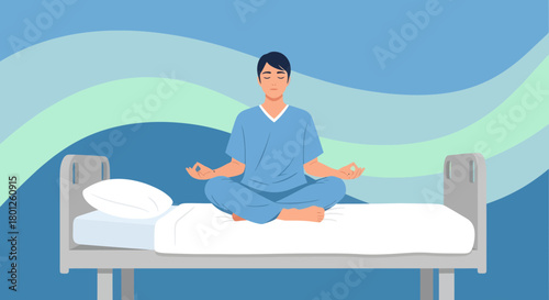Patient Meditating on Hospital Bed with Calm Colors Displaying Emotional Tranquility