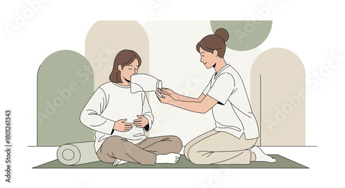 Woman Breathing Exercise and Therapy Guided During Pregnancy at Relaxing Studio