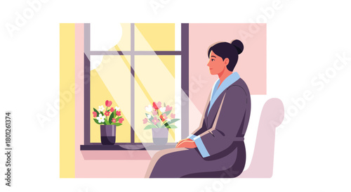Woman Embracing Serenity Beside a Bright Window with Floral Arrangements