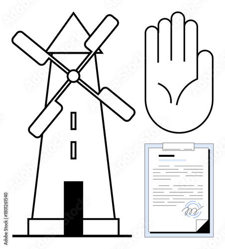 Windmill icon next to a hand gesture and signed document symbolizing renewable energy, consent, and certification. Ideal for environment, energy, sustainability, agreement, collaboration, approval