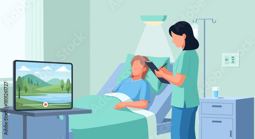 Patient Watching a Nature Video While Being Checked By a Nurse for Health Monitoring