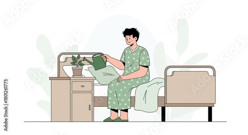 Patient Watering Plant, Symbolizing Healing And Care In Modern Flat Illustration Style